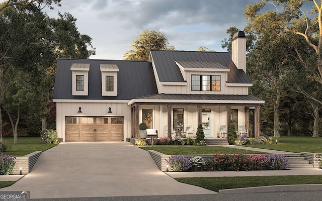 6586 Kenimer Rd, Clermont, GA 30527 - modern inspired farmhouse featuring covered porch, a standing seam roof, a chimney, and a front lawn
