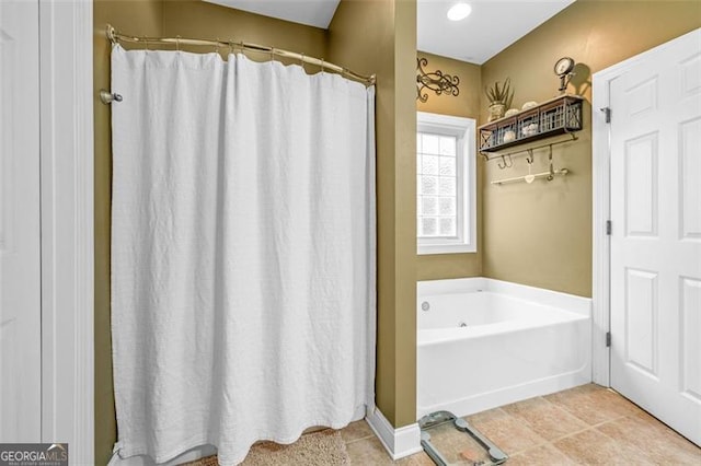 930 Brenau Point Dr, Gainesville, GA 30501 - full bathroom with a garden tub, tile patterned flooring, and a shower with curtain