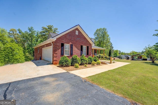 637 Lakeview Dr, Newborn, GA 30056 - view of front of home with driveway, brick siding, a front lawn, a garage, and a porch