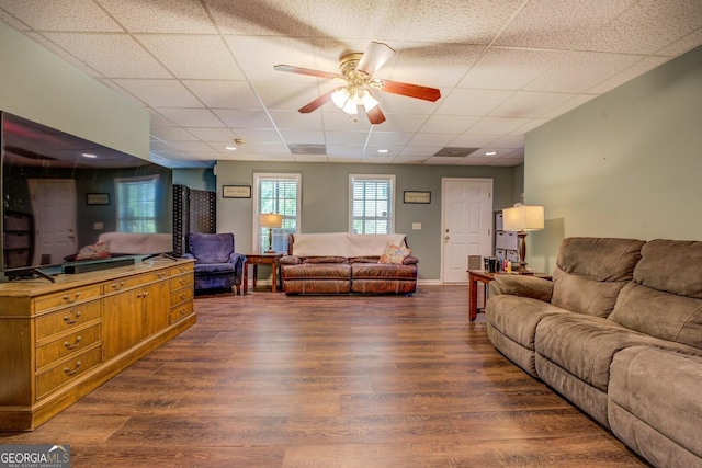 637 Lakeview Dr, Newborn, GA 30056 - living room with ceiling fan, a drop ceiling, and dark wood-style flooring