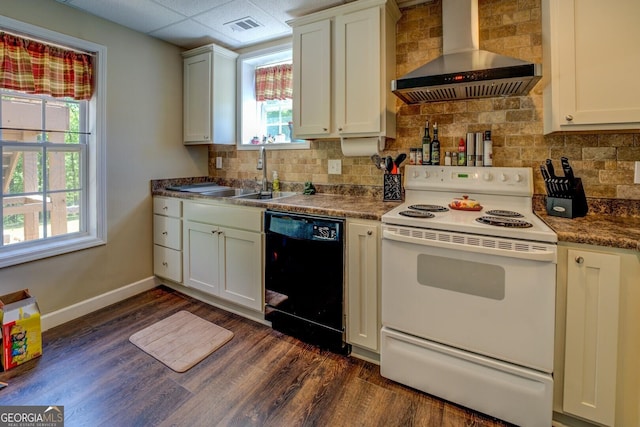 637 Lakeview Dr, Newborn, GA 30056 - kitchen with white range with electric cooktop, wall chimney exhaust hood, black dishwasher, dark wood-type flooring, and a sink