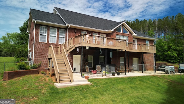 637 Lakeview Dr, Newborn, GA 30056 - back of house with brick siding, stairway, a wooden deck, a patio area, and a shingled roof