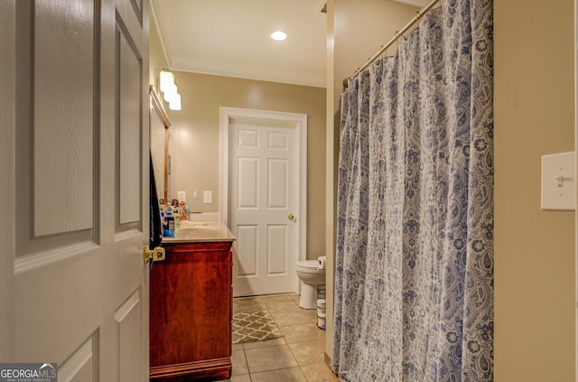 637 Lakeview Dr, Newborn, GA 30056 - bathroom with vanity, toilet, ornamental molding, tile patterned floors, and curtained shower