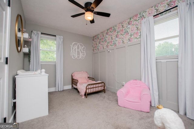 4529 Lakeview Dr, Powder Springs, GA 30127 - bedroom featuring carpet flooring, ceiling fan, a decorative wall, and wainscoting