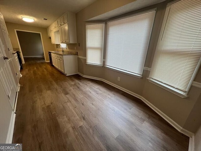 unfurnished dining area with dark wood-style floors, baseboards, and a sink