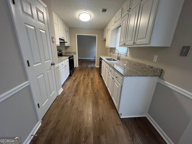 kitchen with electric range, a sink, under cabinet range hood, dark wood-style flooring, and dishwasher