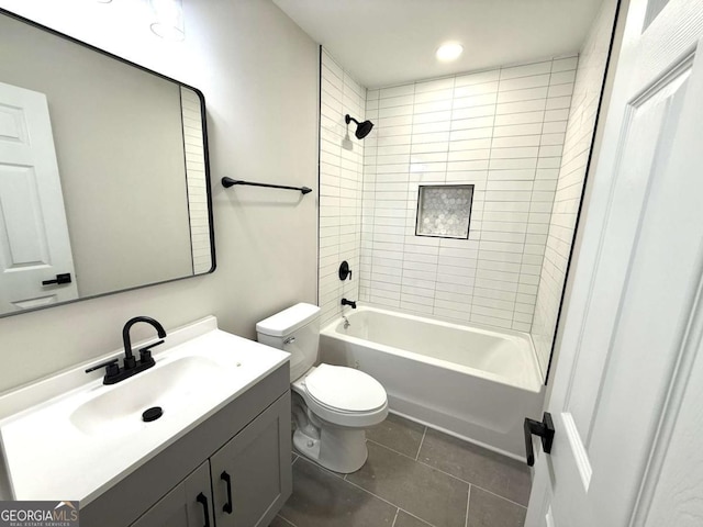 bathroom with toilet, tile patterned flooring, vanity, recessed lighting, and shower / bath combination