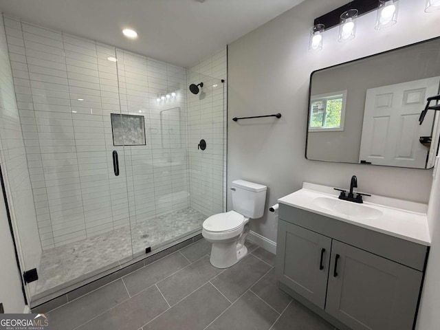 bathroom with toilet, baseboards, a stall shower, tile patterned flooring, and recessed lighting