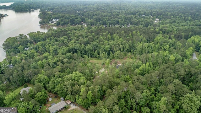 aerial overview of property's location with a heavily wooded area and a nearby body of water