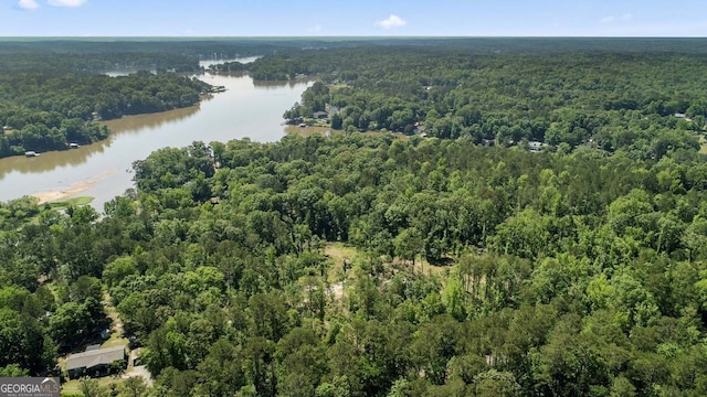 view of property location with a heavily wooded area and a nearby body of water