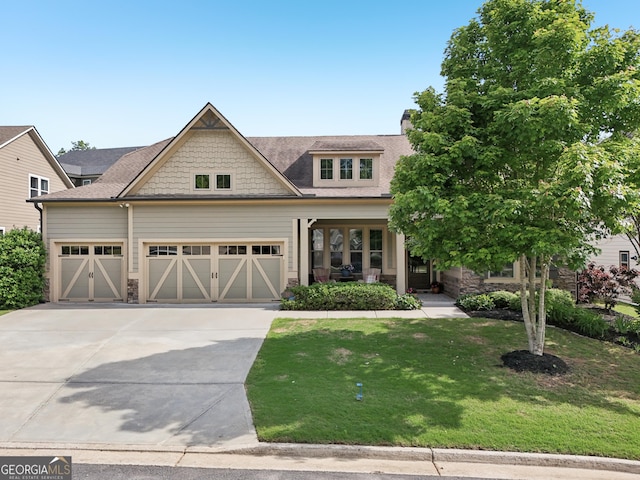 craftsman-style house with a garage, driveway, stone siding, and a front yard