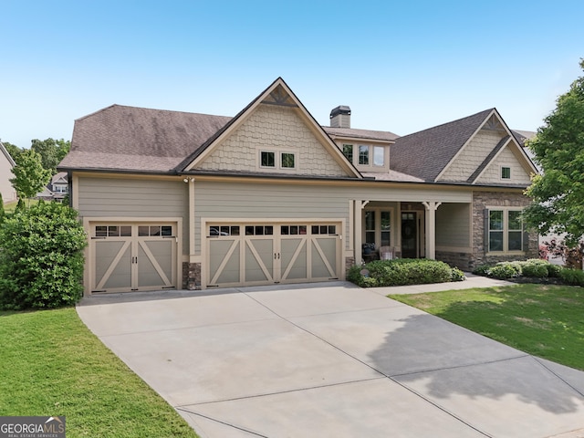 craftsman house with driveway, a front lawn, stone siding, a garage, and a chimney