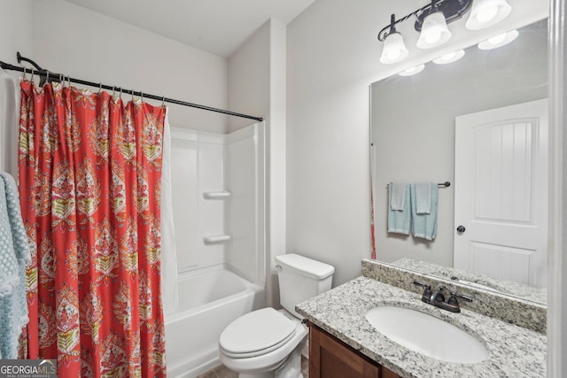 bathroom featuring toilet, vanity, and shower / bath combination with curtain