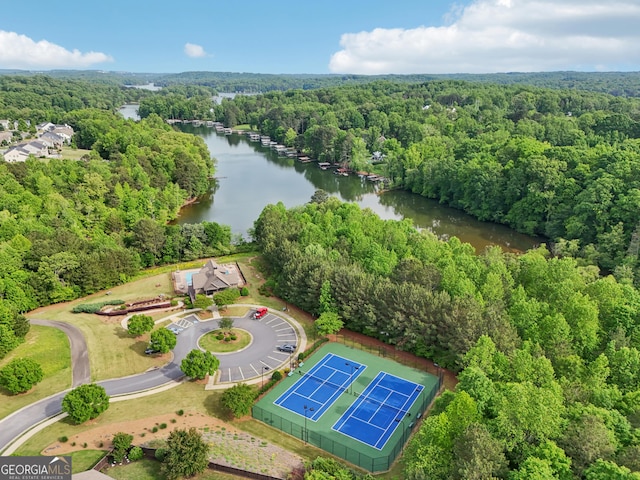 drone / aerial view of a forest and a large body of water
