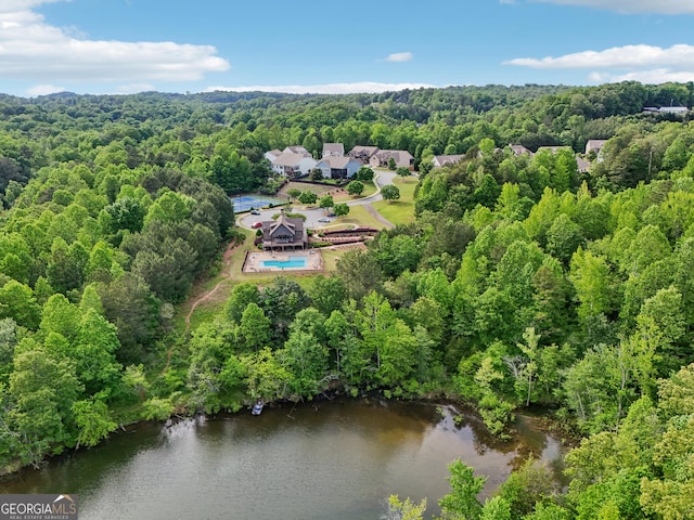 aerial view of a heavily wooded area and a pool