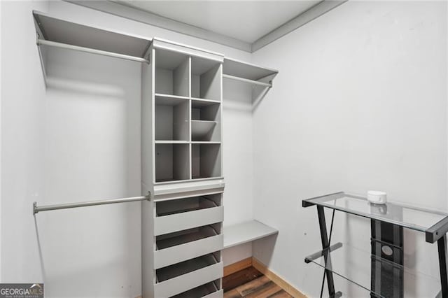 walk in closet with wood finished floors
