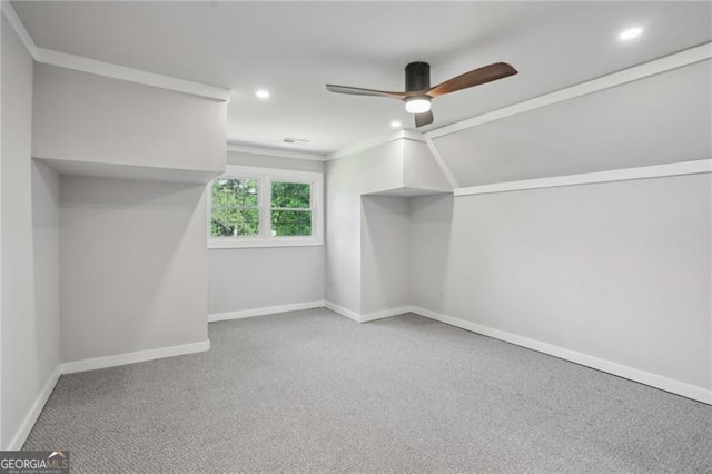 additional living space featuring ceiling fan, recessed lighting, baseboards, and carpet floors