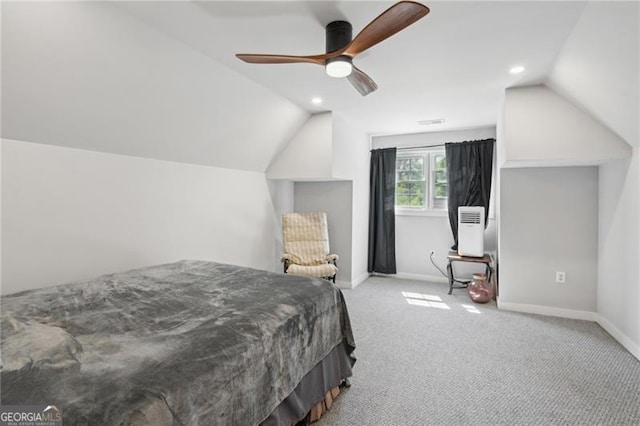 bedroom with lofted ceiling, carpet flooring, baseboards, ceiling fan, and recessed lighting
