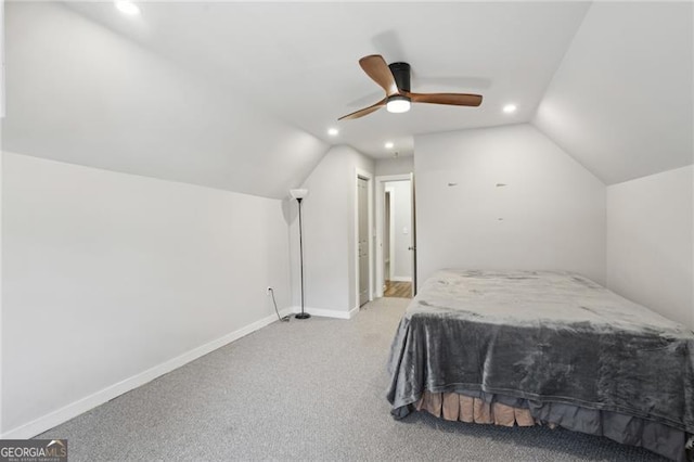 bedroom with lofted ceiling, recessed lighting, carpet, baseboards, and a ceiling fan