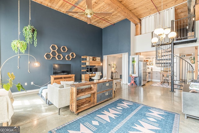 170 Boulevard Se 521H, Atlanta, GA 30312 - living room featuring wood ceiling with exposed beams, high vaulted ceiling, concrete floors, stairs, and ceiling fan