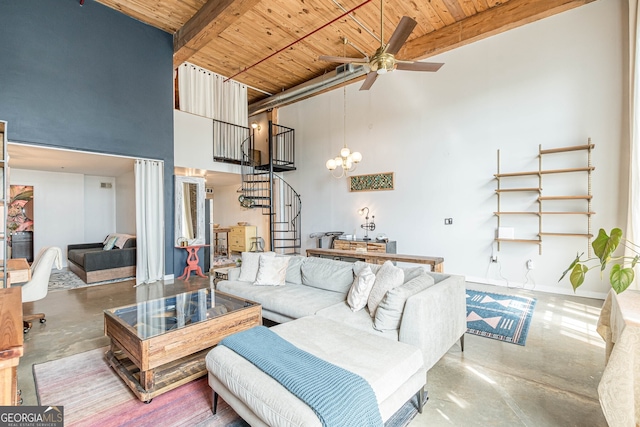 170 Boulevard Se 521H, Atlanta, GA 30312 - living area with wood ceiling with exposed beams, finished concrete floors, a towering ceiling, stairs, and a ceiling fan