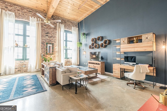 170 Boulevard Se 521H, Atlanta, GA 30312 - living area featuring high vaulted ceiling, wood ceiling with exposed beams, concrete floors, ceiling fan, and an office area