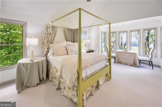 carpeted bedroom featuring multiple windows and lofted ceiling