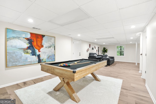 recreation room with billiards, baseboards, light wood-style flooring, recessed lighting, and a drop ceiling