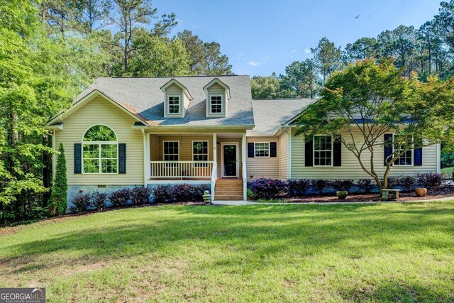 349 Bowen Hill Rd, Haddock, GA 31033 - cape cod house featuring covered porch, crawl space, a front yard, and roof with shingles