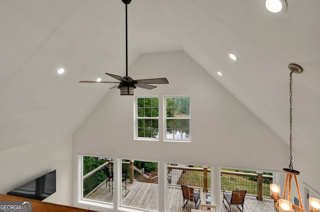 detailed view of recessed lighting and ceiling fan
