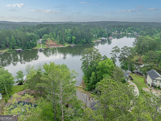 aerial view of property's location with a forest and a nearby body of water