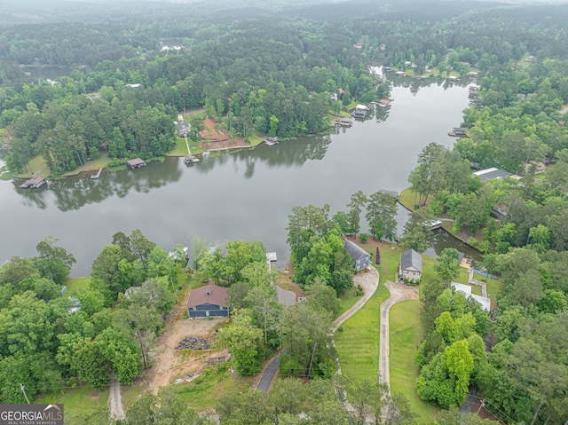 aerial overview of property's location with a nearby body of water and a heavily wooded area