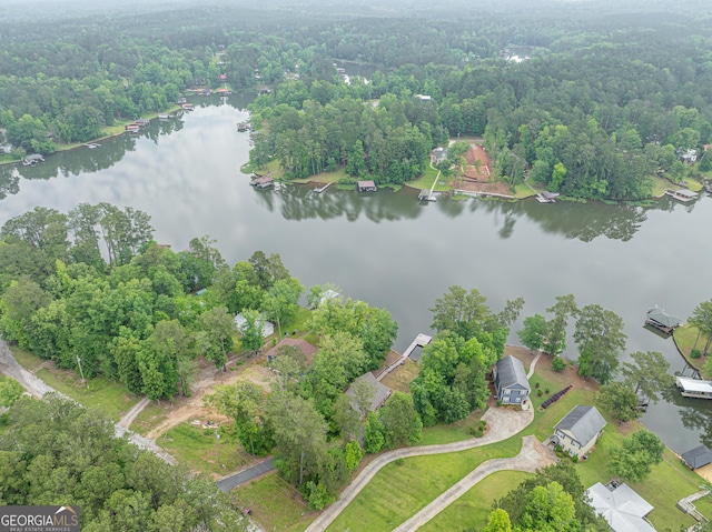 aerial overview of property's location featuring a large body of water and a heavily wooded area