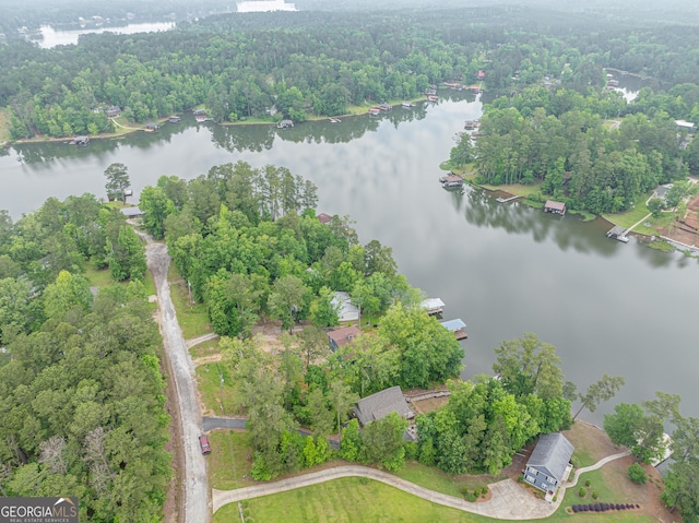 aerial view of property and surrounding area featuring a nearby body of water and a forest