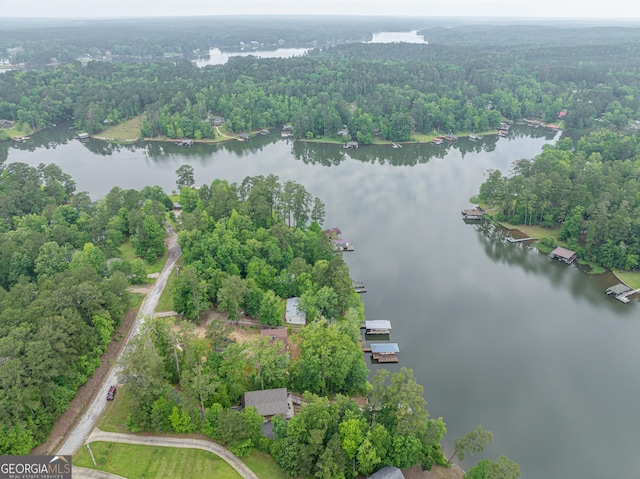 aerial view of property's location with a large body of water and a forest