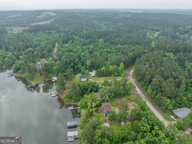 view of property location featuring a nearby body of water and a forest