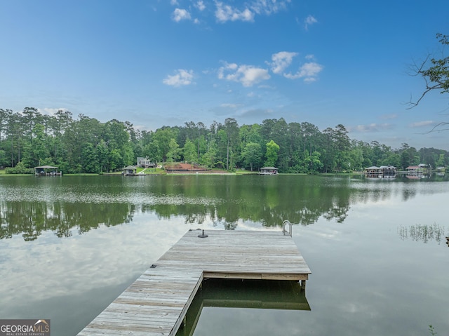 dock area featuring a water view and a view of trees