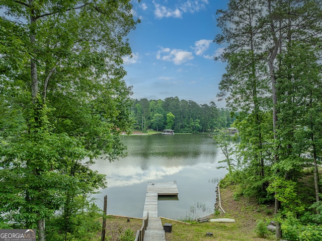 dock area with a water view and a view of trees