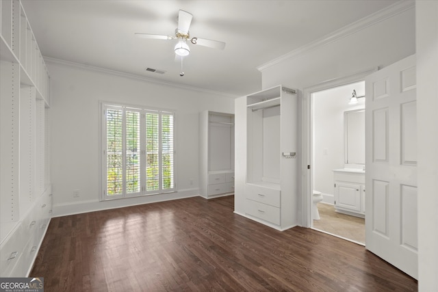 3818 Sweet Bottom Dr, Duluth, GA 30096 - unfurnished bedroom featuring crown molding, dark wood-style flooring, ensuite bath, baseboards, and ceiling fan