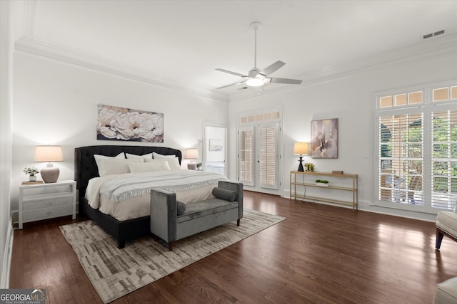bedroom featuring crown molding, wood finished floors, a ceiling fan, and access to outside