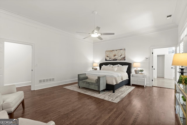 bedroom with crown molding, dark wood-style flooring, baseboards, and a ceiling fan