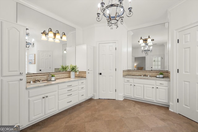 full bath featuring a chandelier, decorative backsplash, crown molding, and vanity