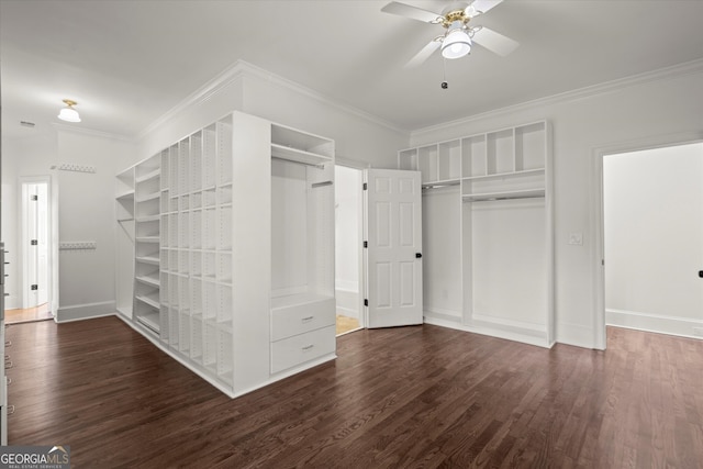 walk in closet featuring wood finished floors and ceiling fan