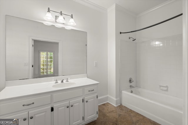 full bath with crown molding, shower / tub combination, vanity, and baseboards