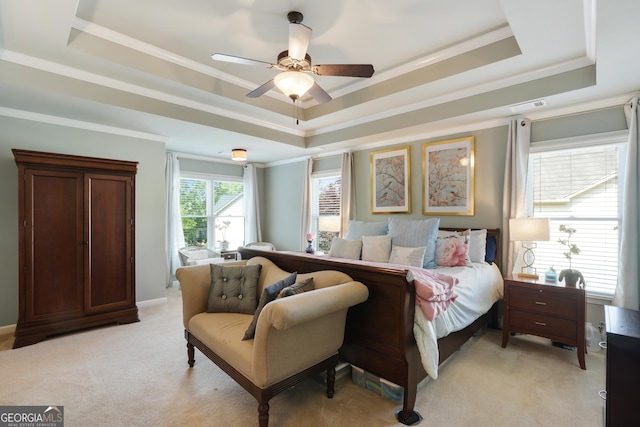 655 Grove Manor Ct, Suwanee, GA 30024 - bedroom featuring a raised ceiling, light carpet, crown molding, and ceiling fan