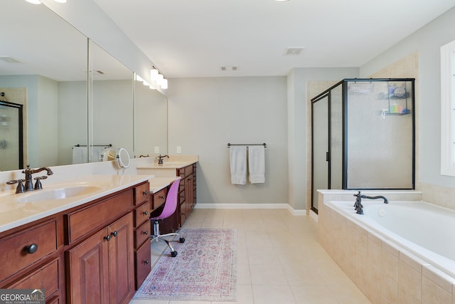 655 Grove Manor Ct, Suwanee, GA 30024 - full bathroom with a stall shower, double vanity, a garden tub, and tile patterned floors