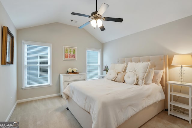 655 Grove Manor Ct, Suwanee, GA 30024 - bedroom with light carpet, lofted ceiling, and a ceiling fan