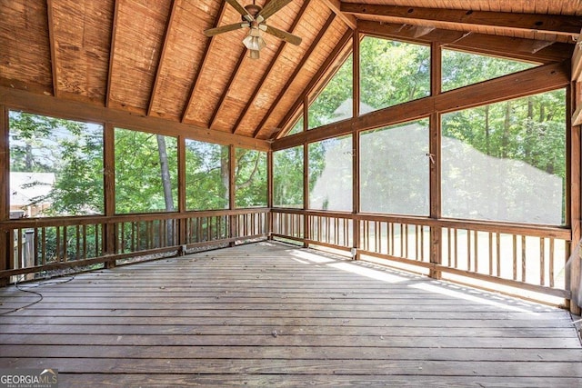 unfurnished sunroom featuring ceiling fan and lofted ceiling