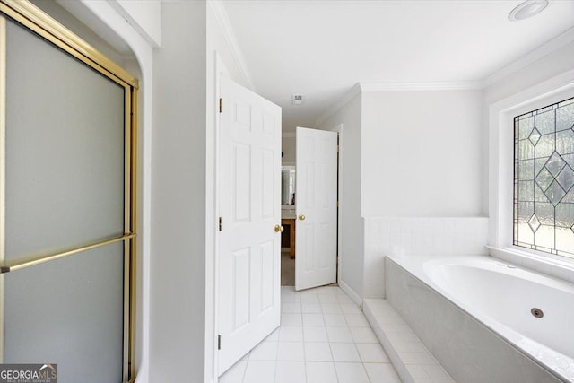 full bath featuring crown molding, a bath, and tile patterned flooring