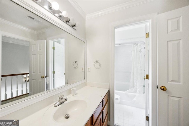 full bathroom with vanity, toilet, crown molding, and shower / tub combo with curtain